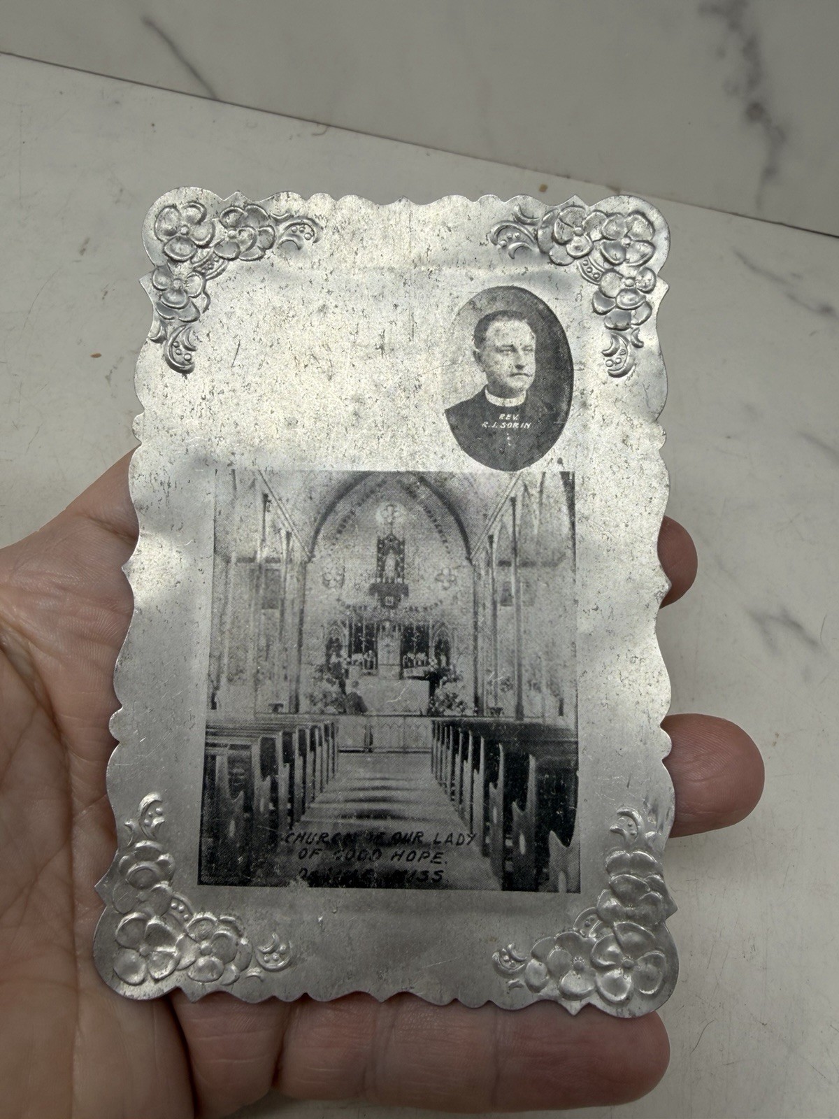 Antique Rev R J Sorin Metal Photo Plaque Our Lady of Good Hope DeLisle MS