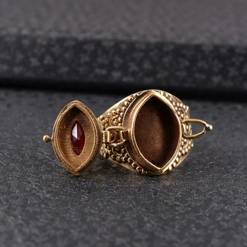 Estate 18K Yellow Gold Over Secret Locket Poison Ring with Red Ruby Gemstone Men