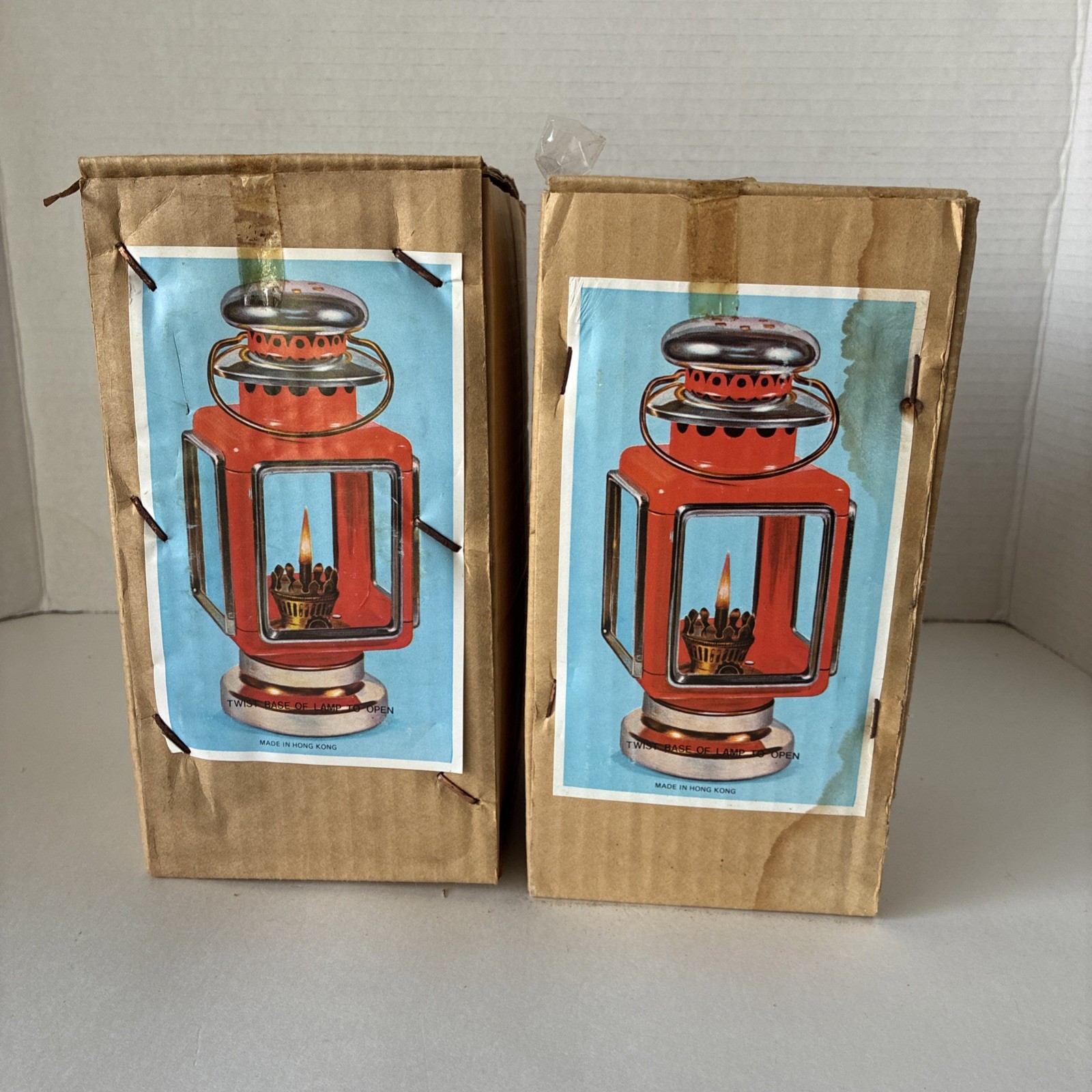 Lot of 2 Vintage Red Square Gold Trim Lantern Hong Kong Mid Century