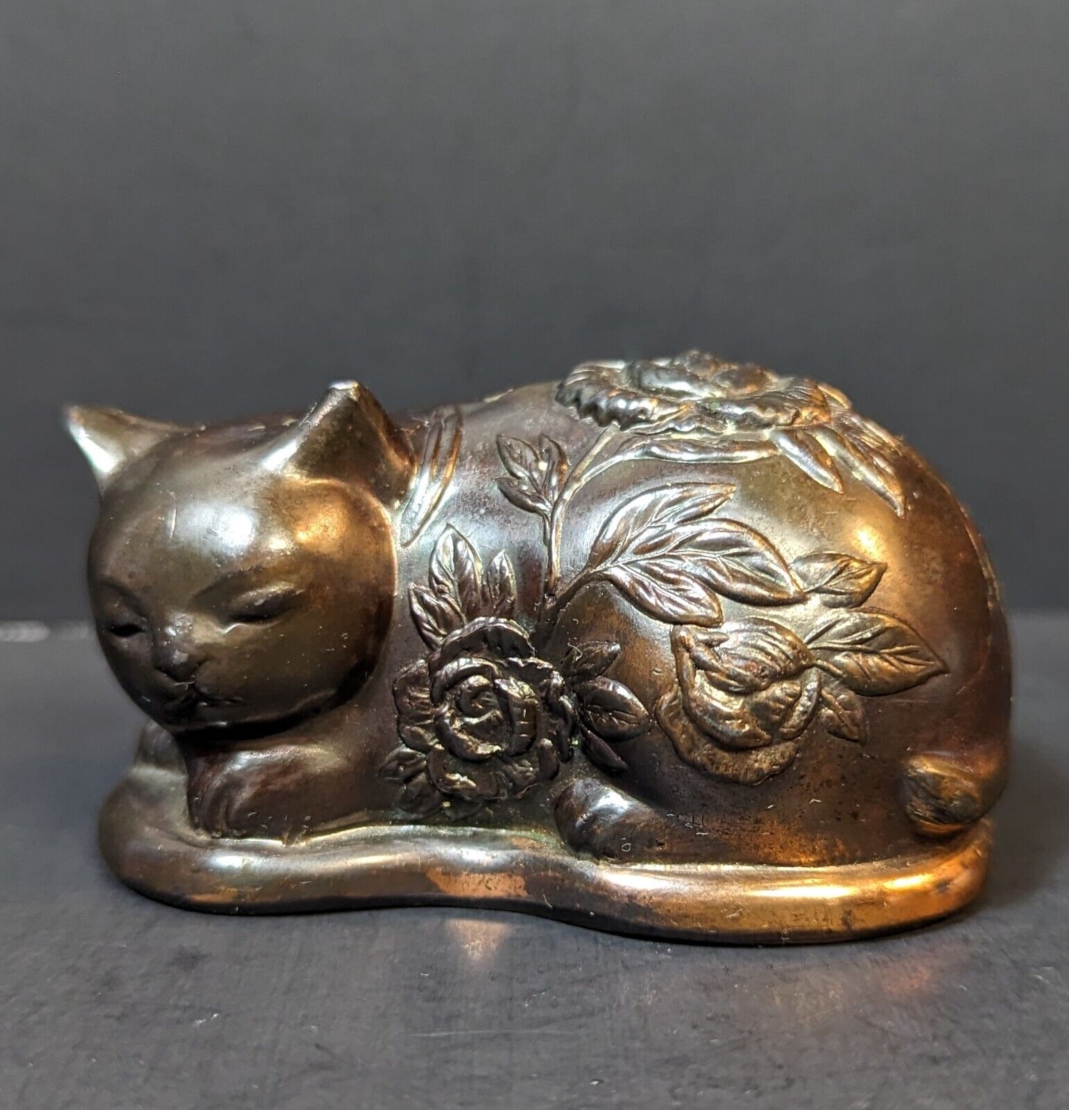 Rare Antique Japanese Slumbering Cat Copper Metal Sculpture Embossed Flowers 3\