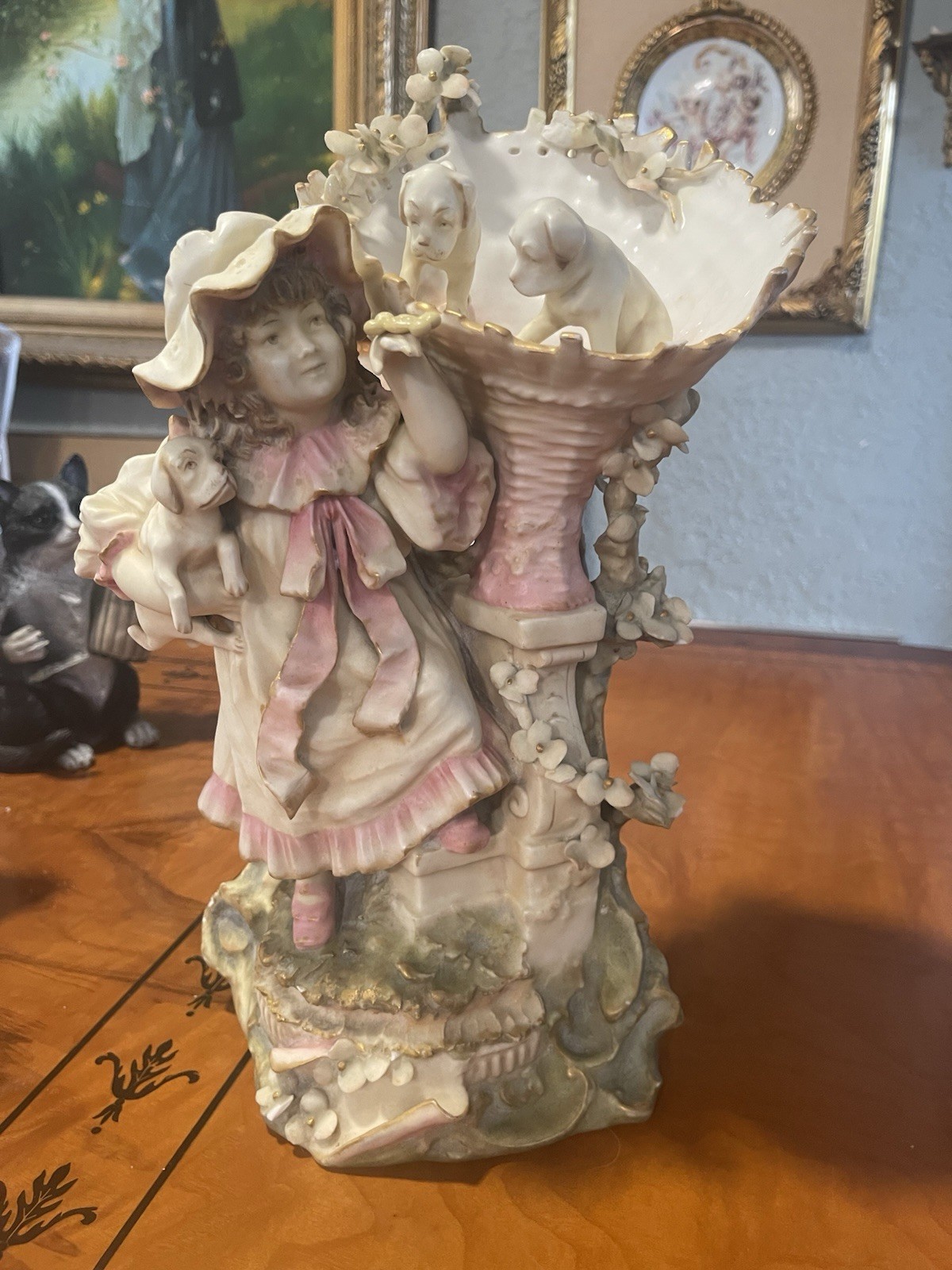 Antique Austria Statue Little Girl Playing With Dogs & Bone MZ Teplitz? 13” CUTE