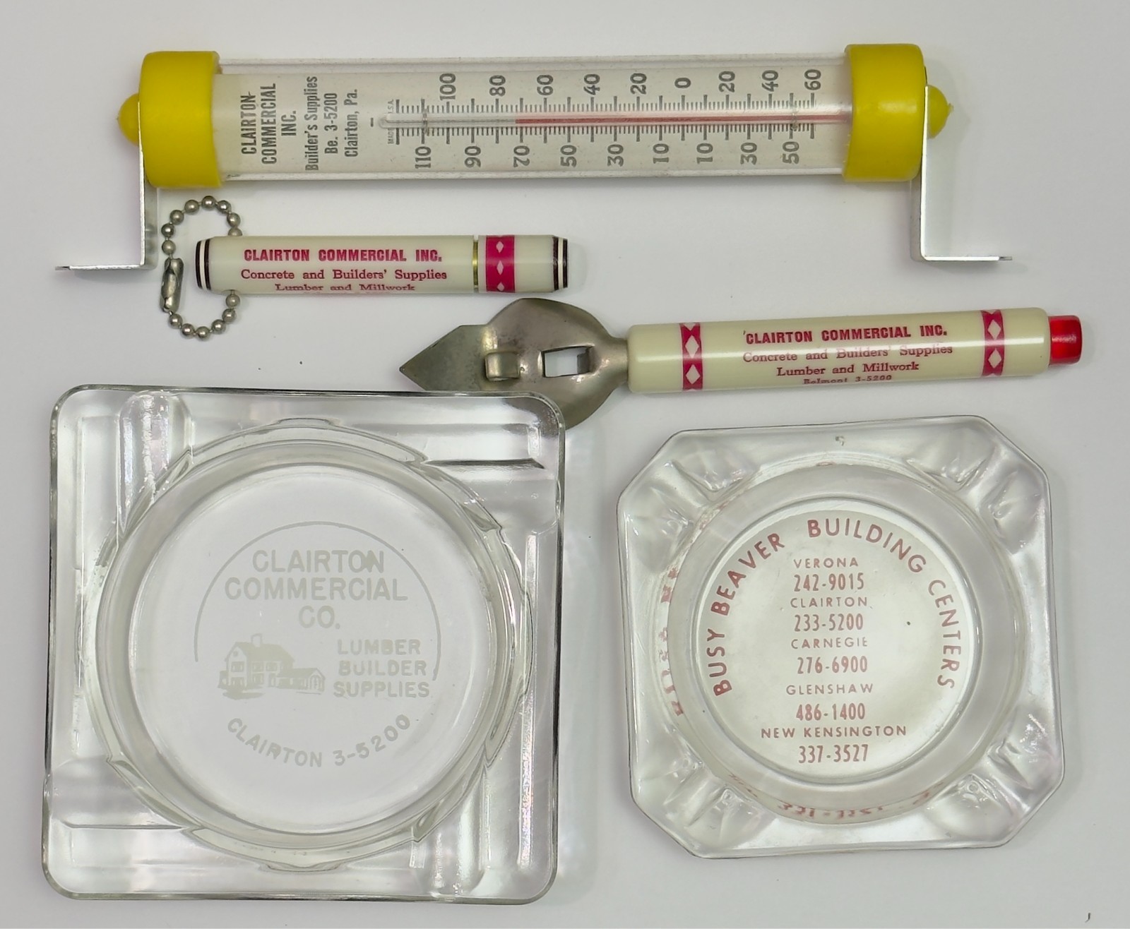 Vintage Lot of Clairton Pa. Memorabilia Ashtrays, Thermometer, Opener, etc. 