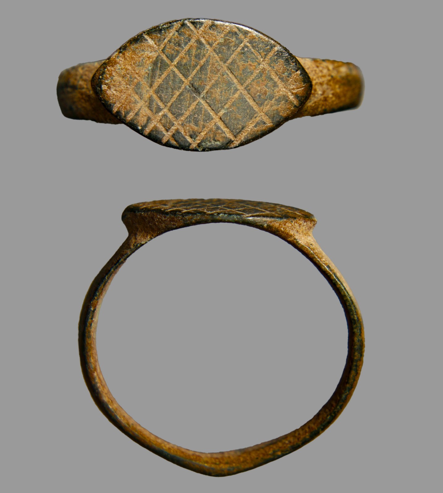 Ancient Hellenistic Greek Bronze Cross-Hatched Signet Ring Size 7 c. 300-100 BC