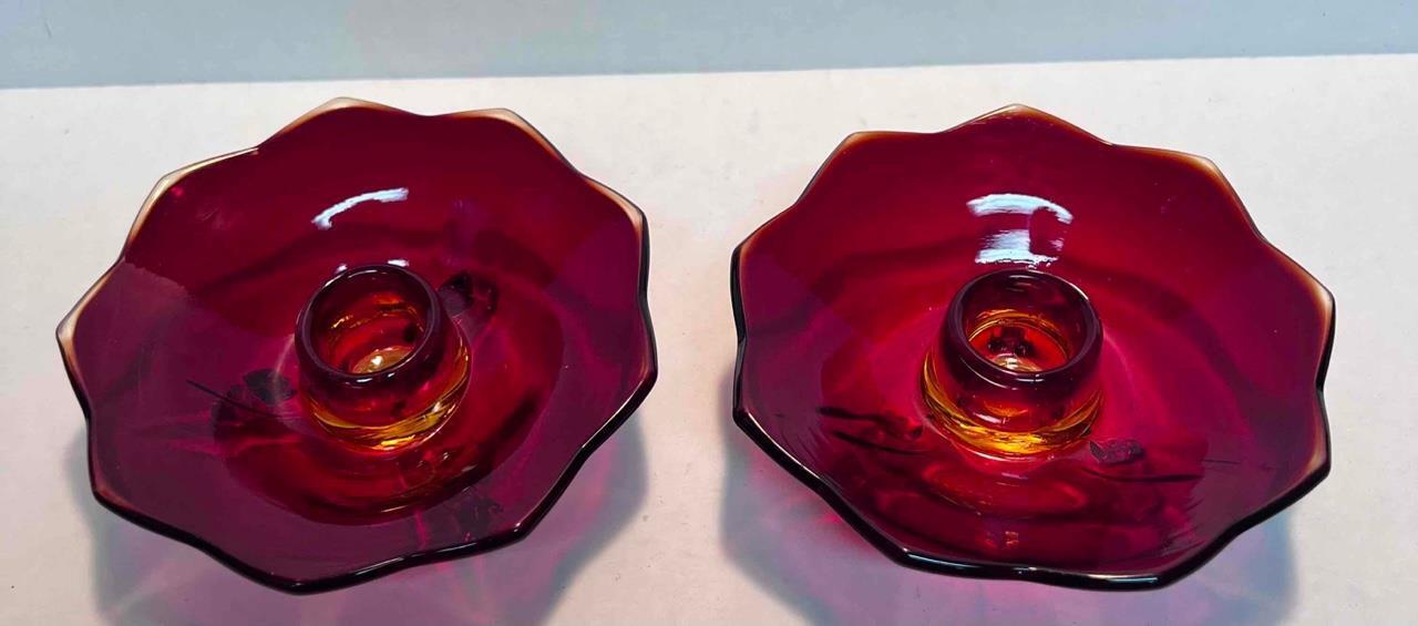 Vintage Fenton Ruby Amberina Glass Lotus Flower 3 Footed Set of 2 Candle Holders
