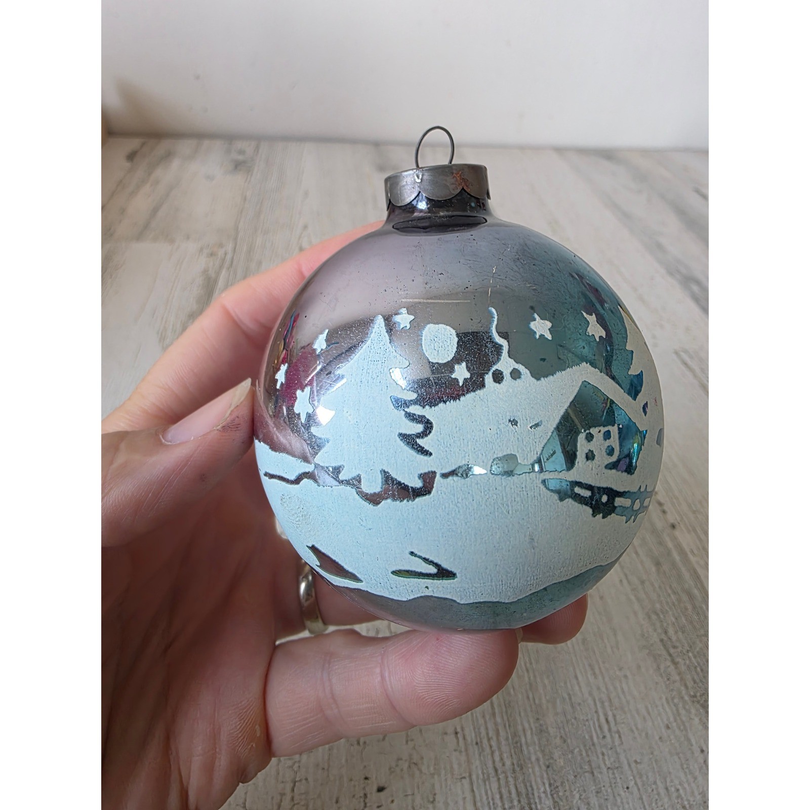 Vintage marks bros? Cabin house stencil blue large glass ornament Xmas tree