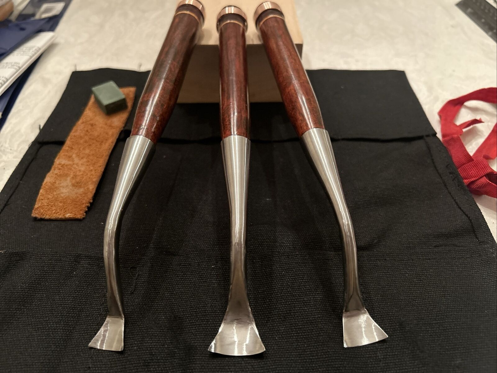 Cranked Spoon Gouge Set #7 Sweep 25, 20, 15mm Nomi Chisel Dogleg W/case + Strop