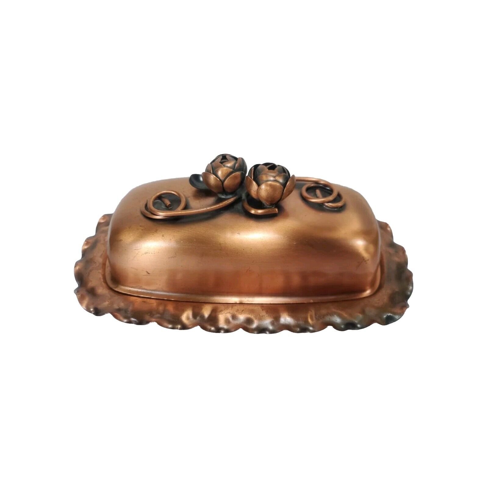 Gregorian Solid Copper Butter Dish Rose Flower Floral Lid Ruffle Edge NO INSERT
