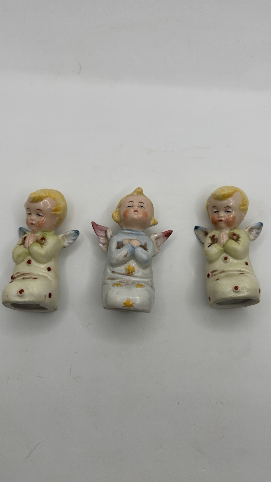 Vintage Mid Century Ceramic Angel Figurines Trio - Miniature 2.5” Japan Holiday