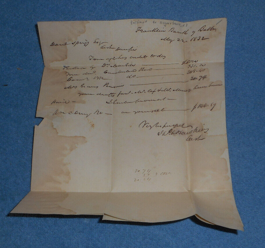 1832 Franklin Bank of Baltimore MD Letter To Hagerstown MD