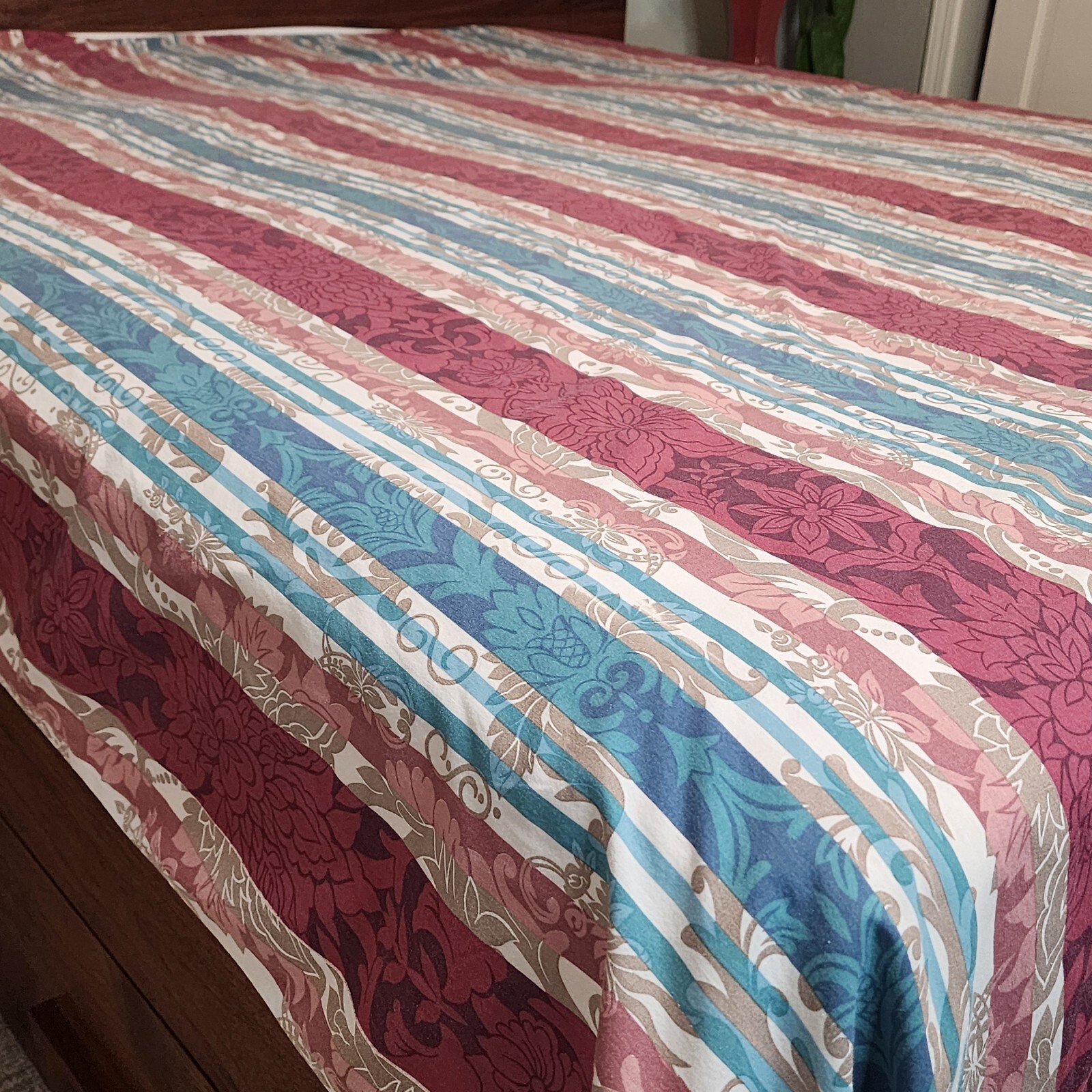 Vintage DAN RIVER Sheet Percale 94x82 Flat Burgundy Teal Regency Stripe 80s USA