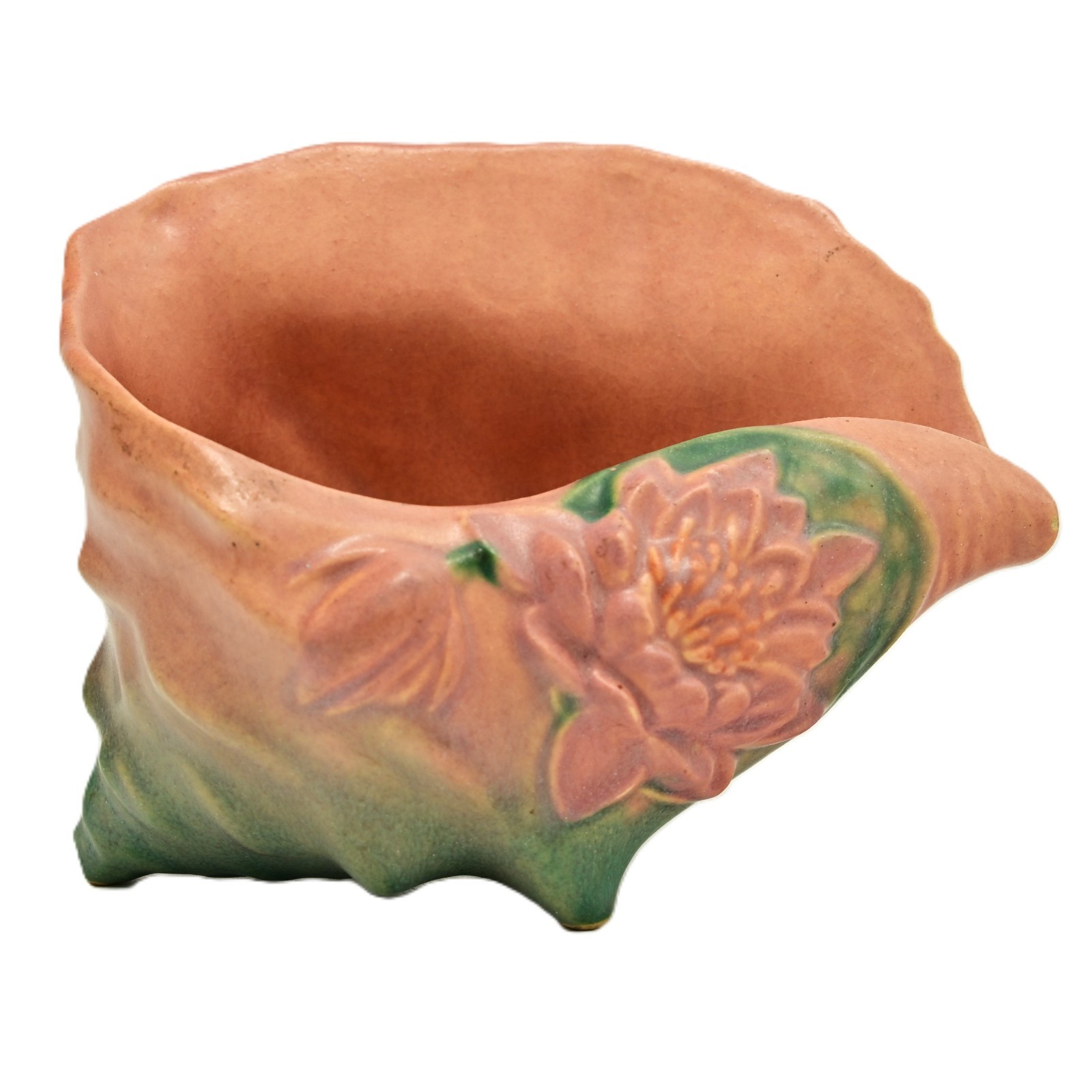 ROSEVILLE Original Vintage Signed Porcelain Pink Conch Shell Water Lily Vase
