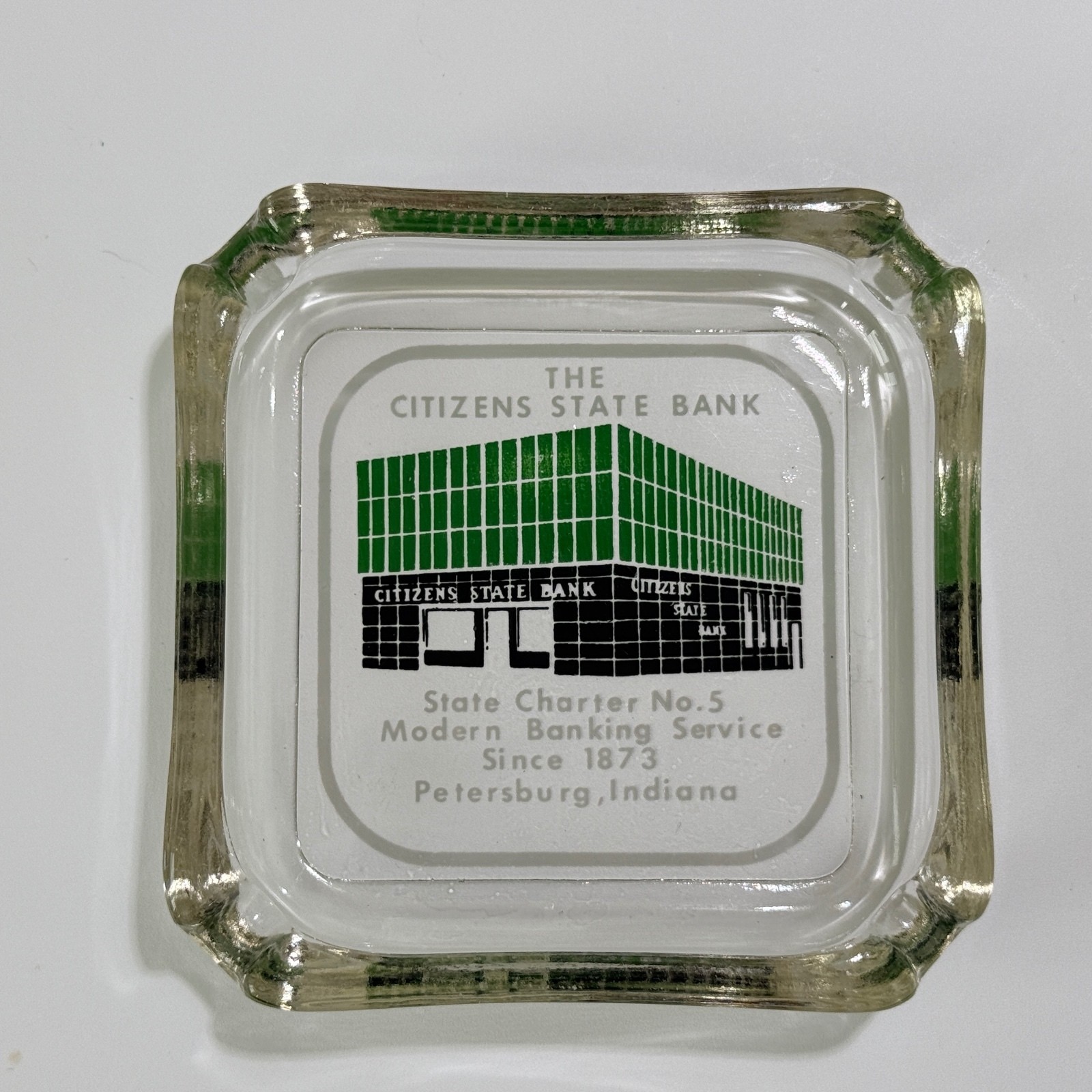 Vintage Citizens State Bank Petersburg Indiana Glass Ashtray Advertising