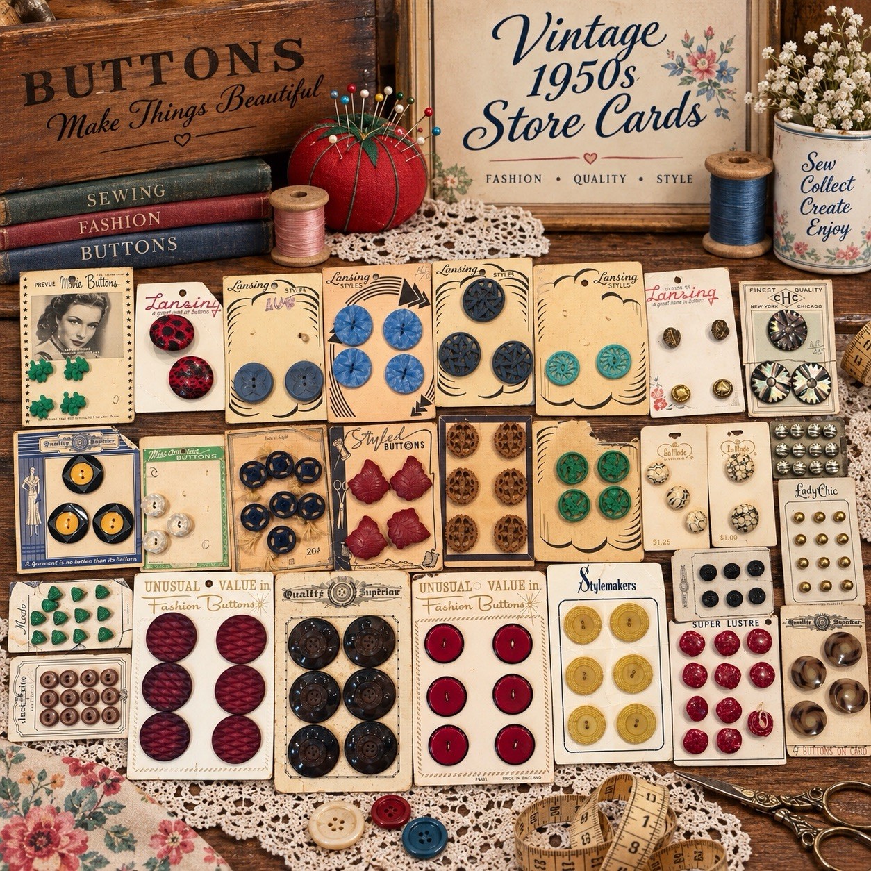 Vintage 1950's BUTTONS store cards~ bakelite, celluloid, wood, pearl, plastic