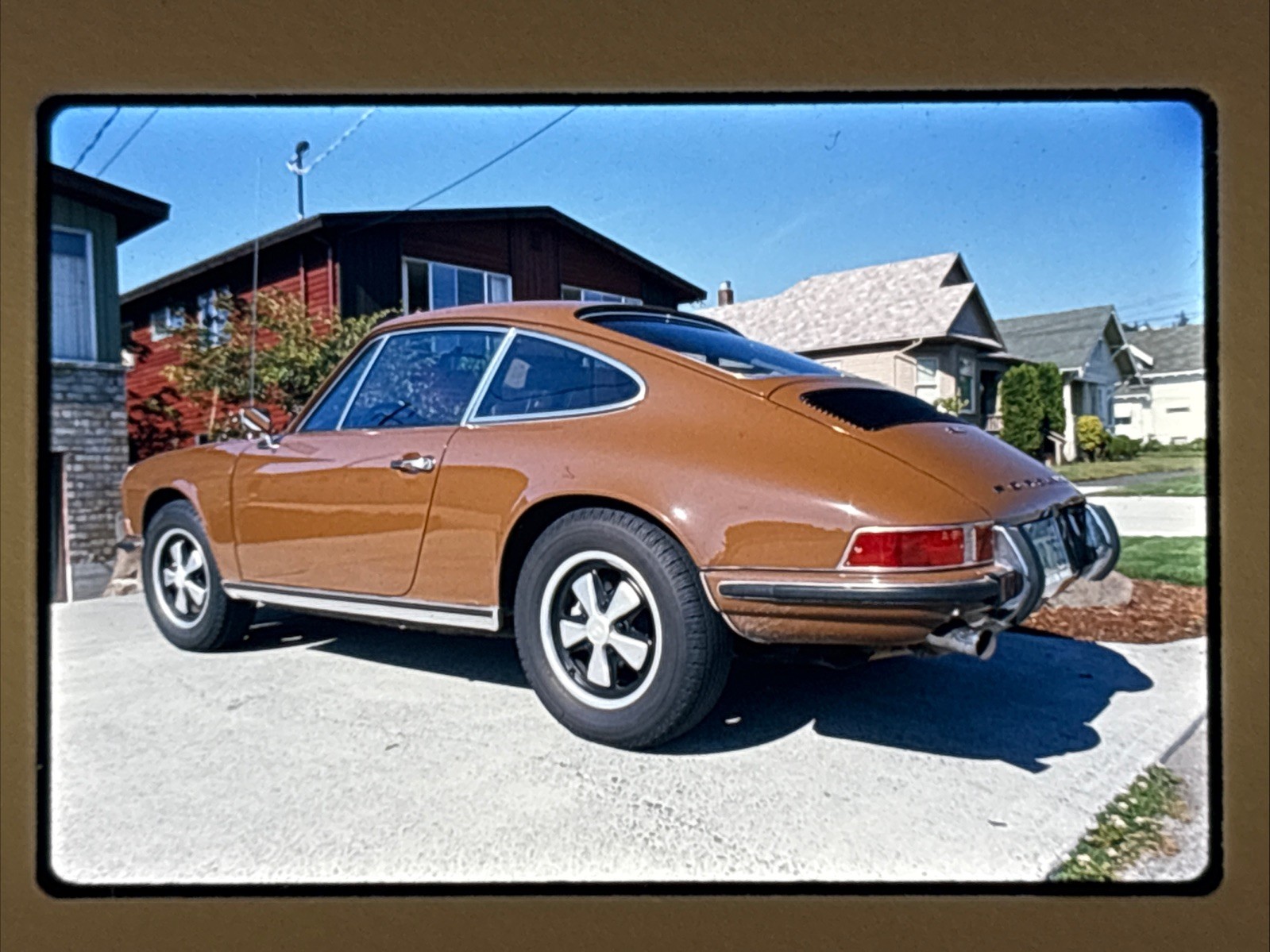 Orig 1972 Slide Porsche 911 Classic Sports Car Brown Coupe Driveway Rear View H1