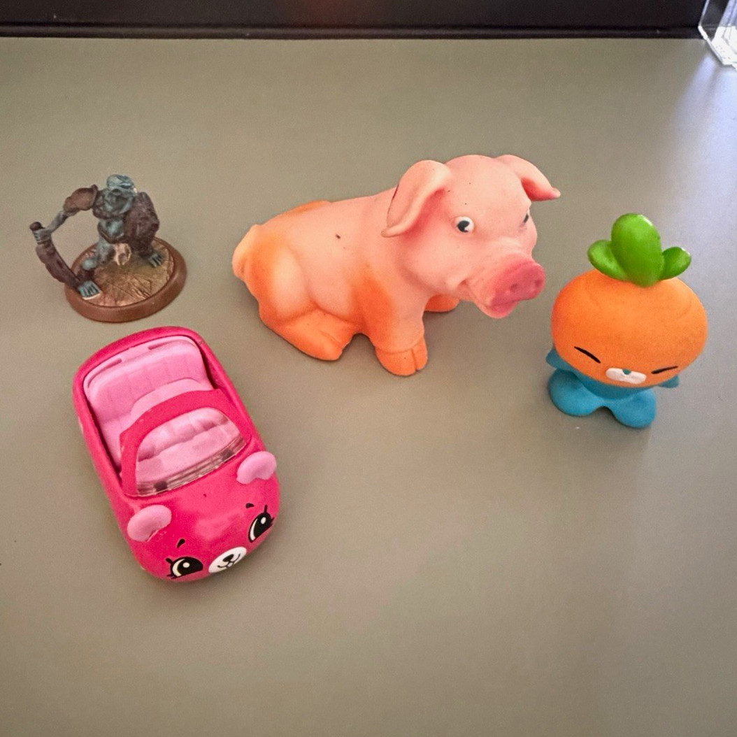 Lot of 4 Kids Plastic Figurines: Pink Pig, Carrot Character, Toy Car, Soldier Lot of 4 Kids Plastic Figurines: Pink Pig, Carrot Character, Toy Car, Soldier