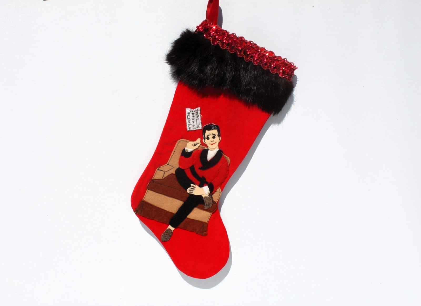 Vintage Edna Looney Christmas Stocking Red Mid Century Dad Newspaper Fur Trim