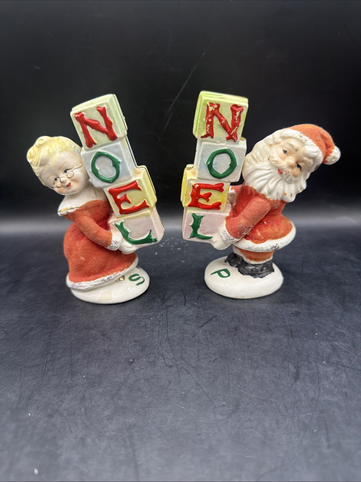 Vintage Napco Ceramic Mr. and Mrs. Claus Noel Salt and Pepper Set Flocked