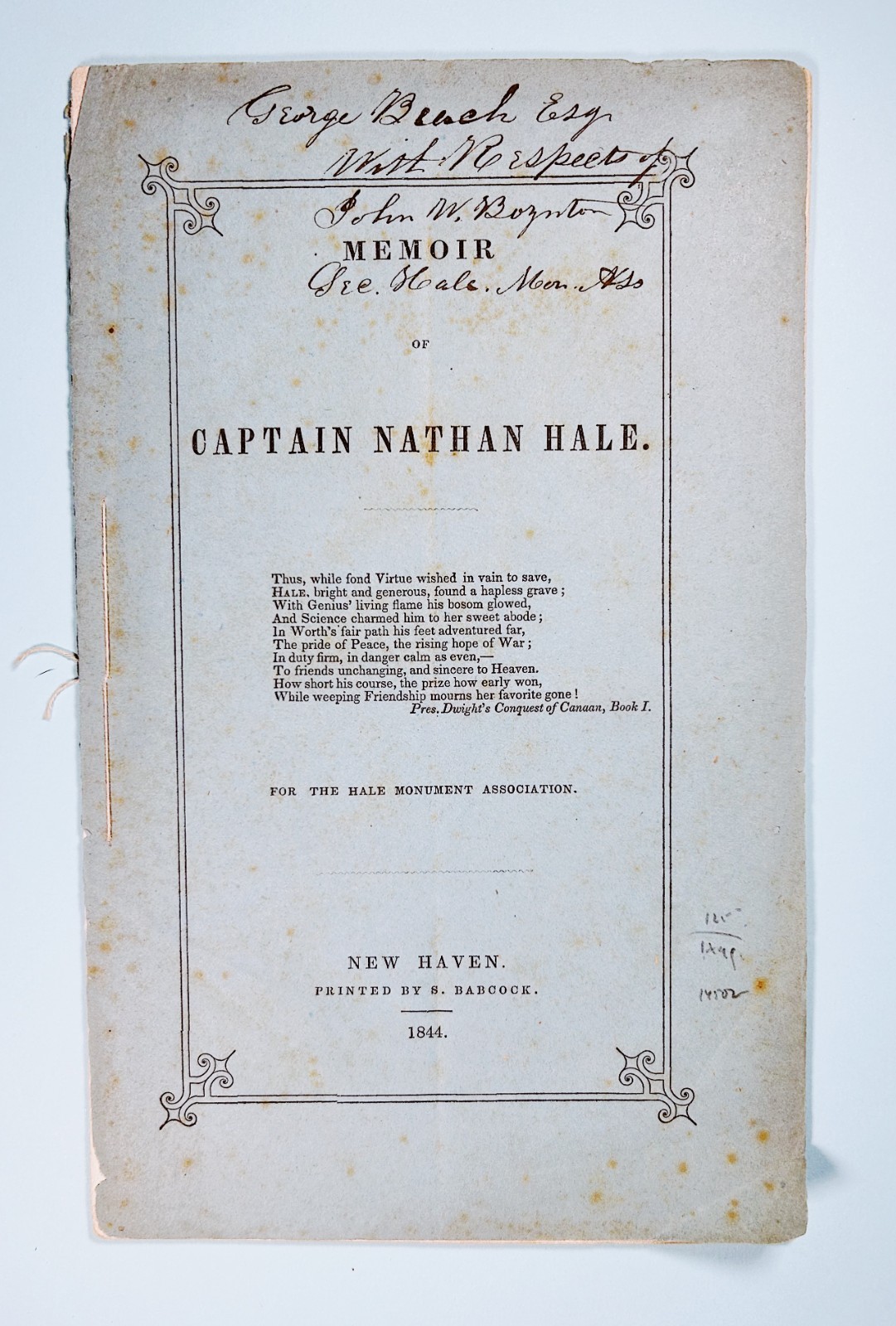 Babcock, James Staunton.  Memoir of Captain Nathan Hale.  1844, First Ed.  8vo