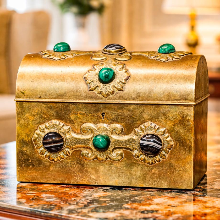 Stunning Cabochon Gemstone Antique Victorian Domed Brass Metal Desk Casket Box