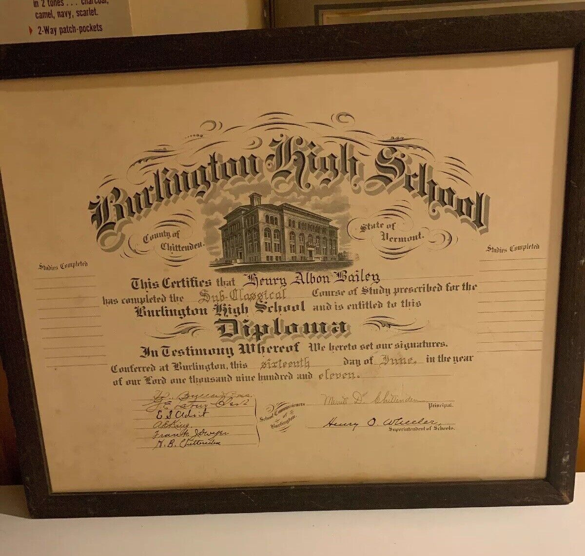 1911 Burlington Vermont VT High School Diploma Vintage no Glass