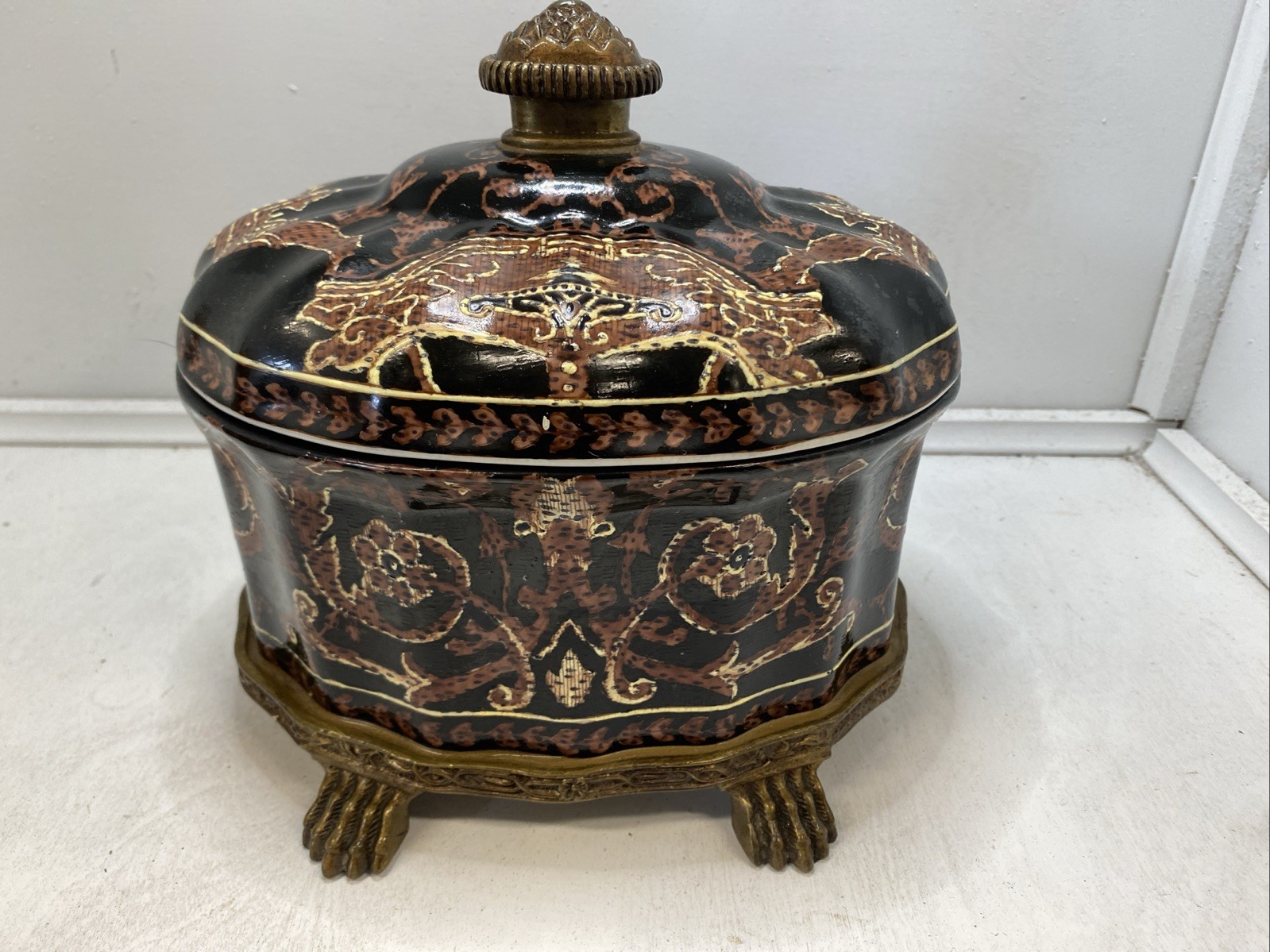 Vintage Chinese Tea Box Casket Porcelain On Bronze Base