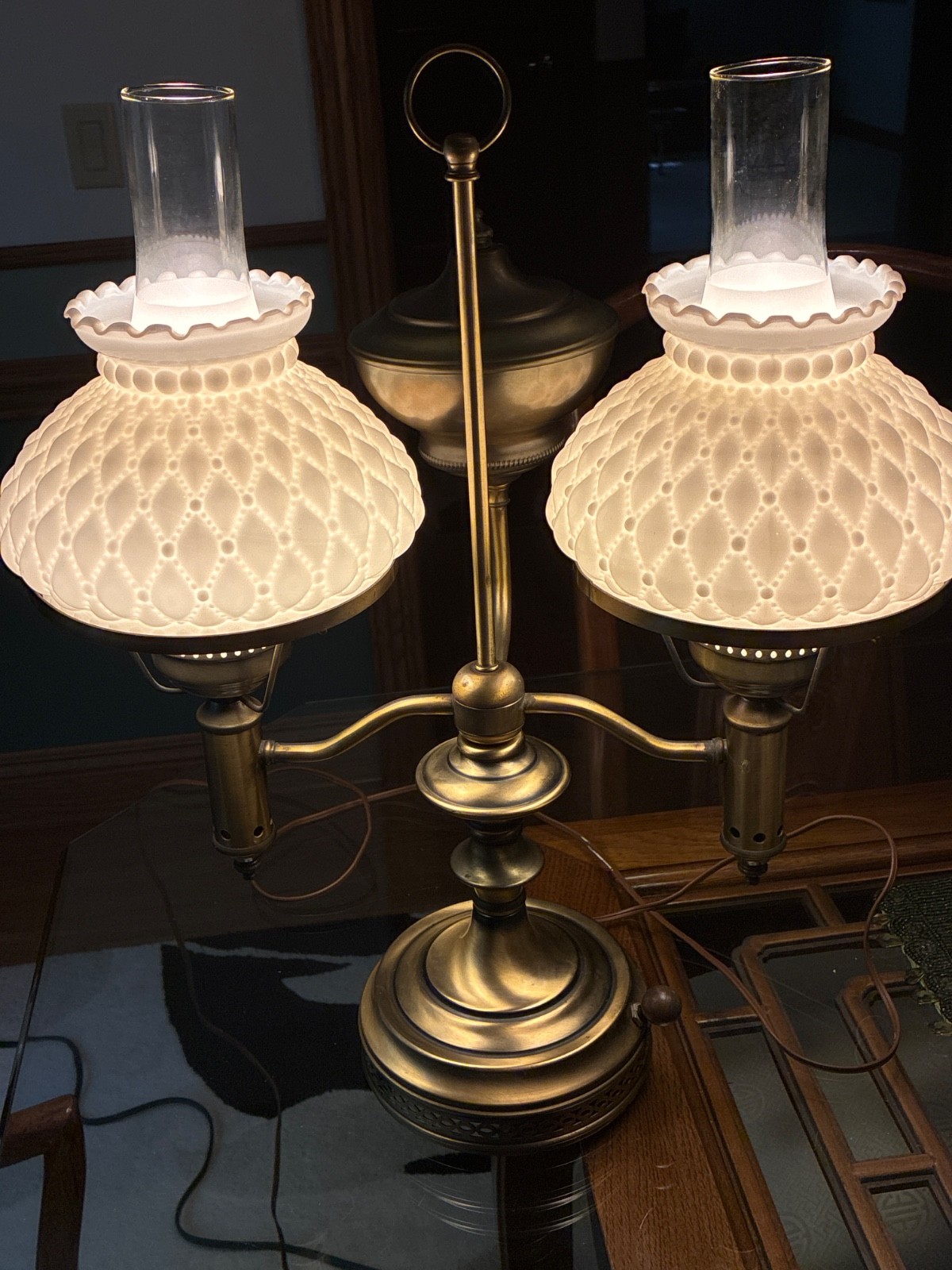 Vintage DOUBLE ARM STUDENT  Table Lamp with White Milk Glass Shades