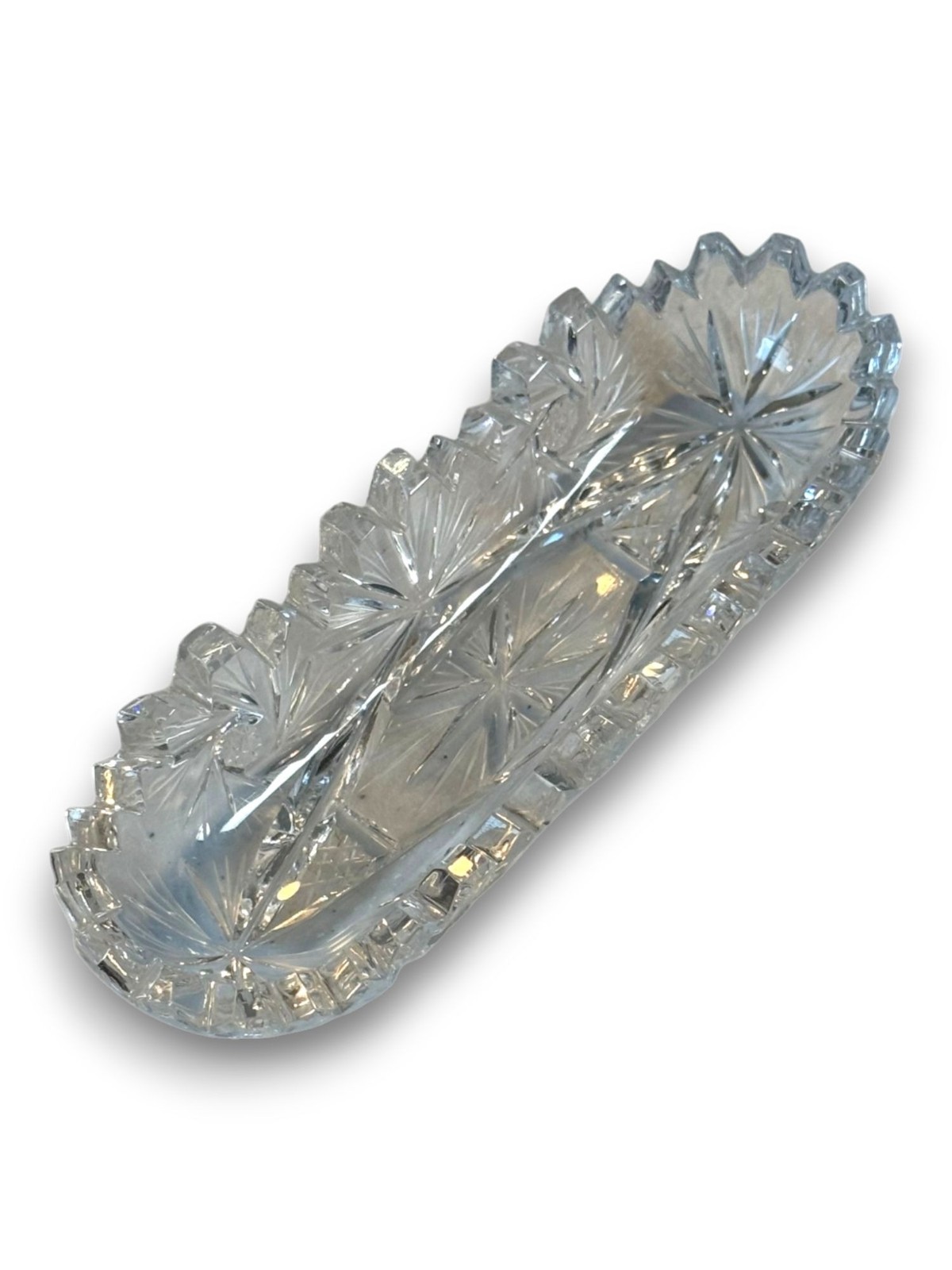 Antique Cut Lead Crystal Relish Dish, American Brilliant Period Sawtooth Rim