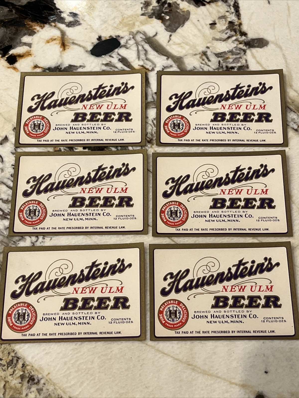 Lot 6 vintage 1930\'s Hauenstein\'s New Ulm Strong Beer Bottle Label 12 Fluid Oz