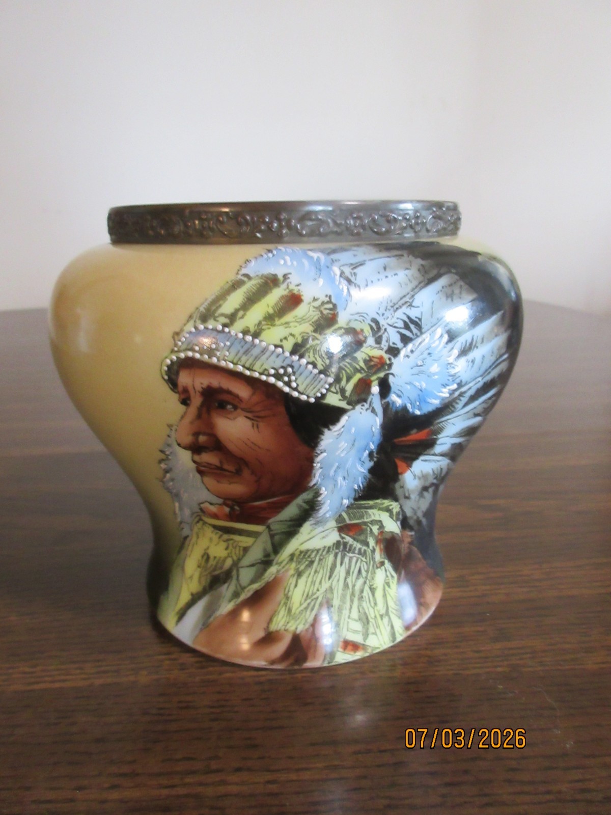 ANTIQUE C. F. MONROE NAKARA INDIAN CHIEF HUMIDOR, MISSING LID ANTIQUE C. F. MONROE NAKARA INDIAN CHIEF HUMIDOR, MISSING LID