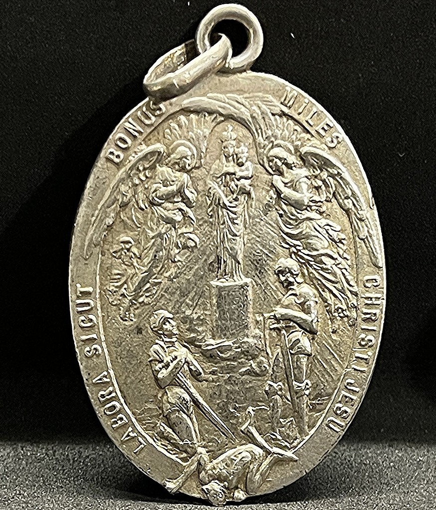 Antique Religious Medal Virgin Mary Archangel Defeating Demon Battle wonderful