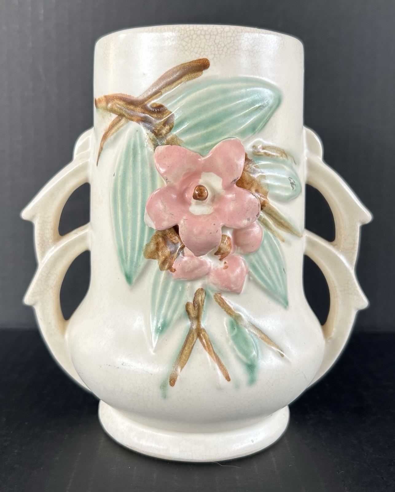 Vintage McCoy Pottery Vase Double Handled Blossom Time 1940\'s Art Deco
