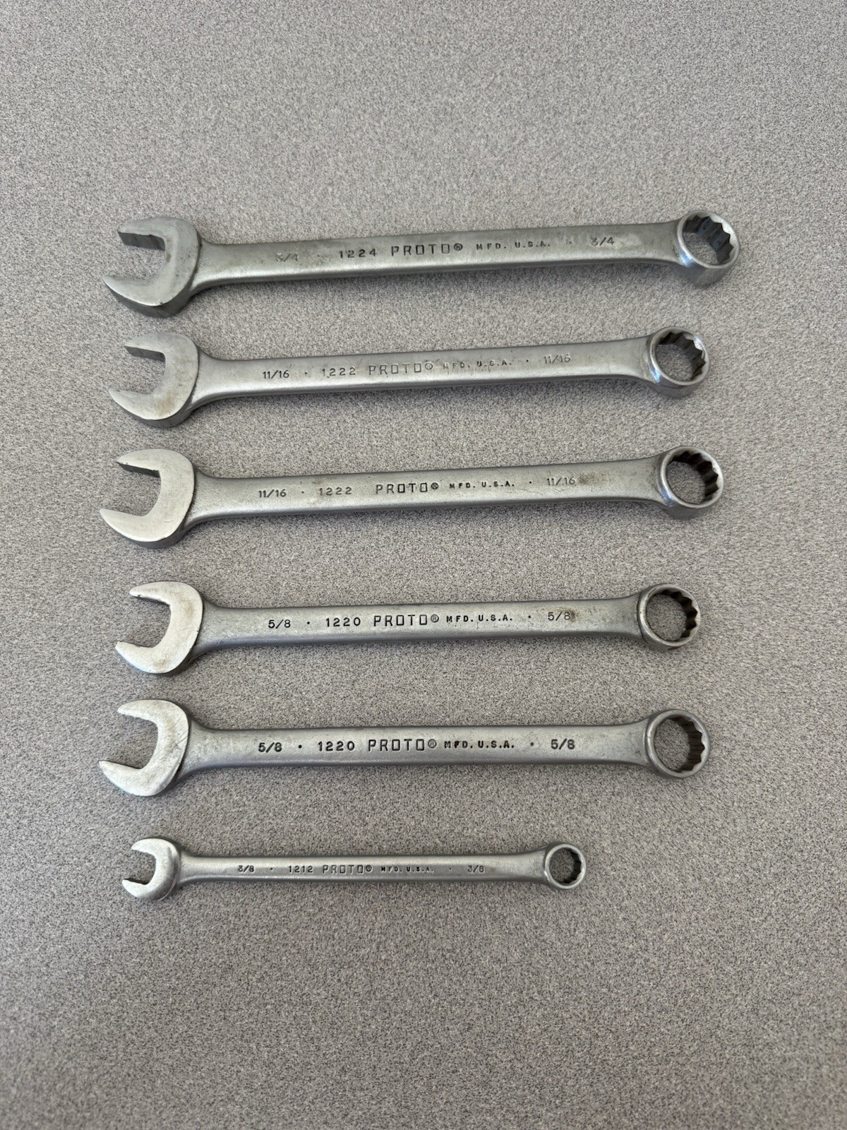 Vintage Proto USA Combination Wrench Lot 6 Pc 3/8” 5/8” 11/16” 3/4” Made in USA