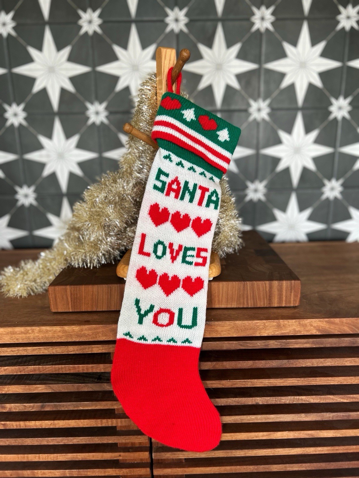 VTG Christmas Knit Stocking Alder 1982 “Santa Loves You” Pom Pom Granny Cottage