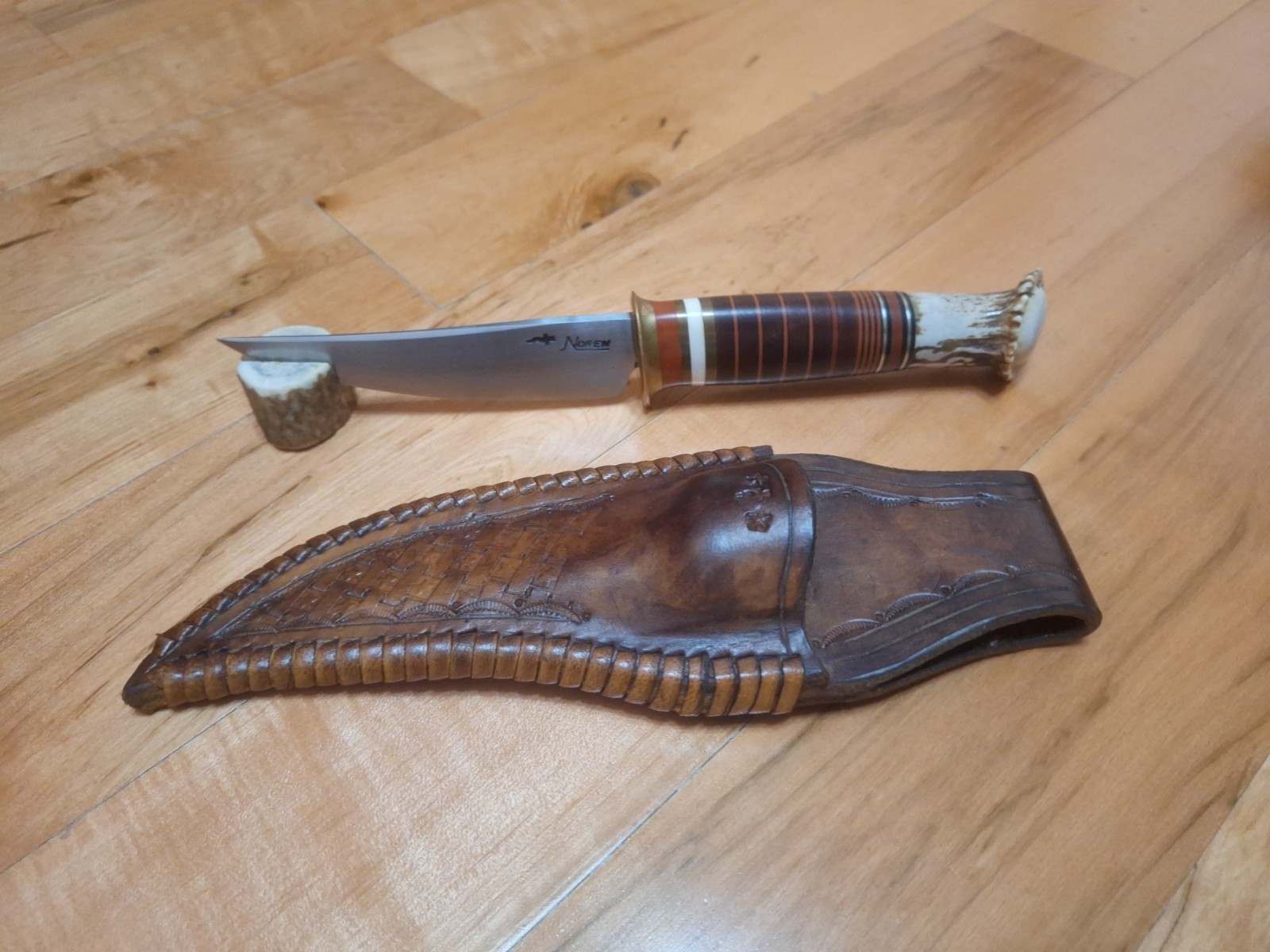 DOUG NOREN MS CUSTOM SCAGEL KNIFE HAND FORGED HUNTING W SHEATH. EXCELLENT COND