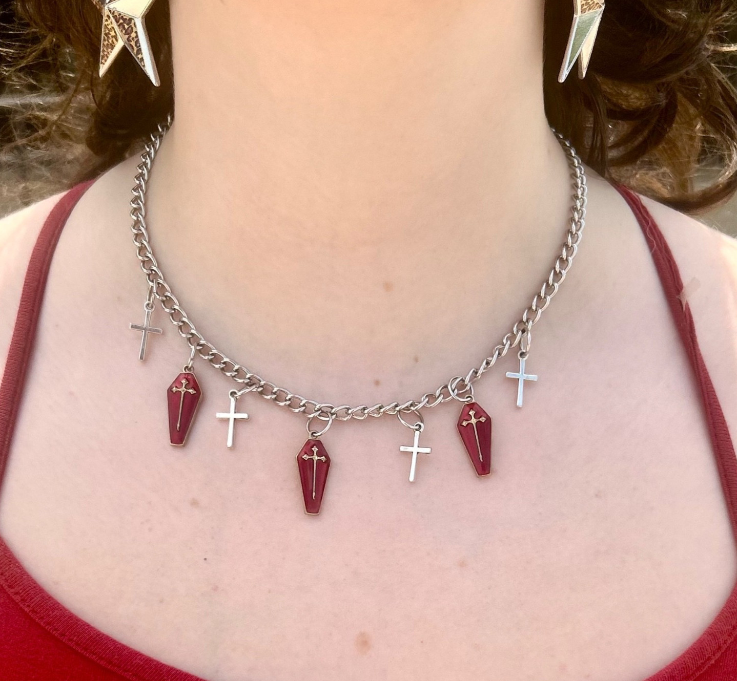 Red Coffin & Cross necklace goth punk