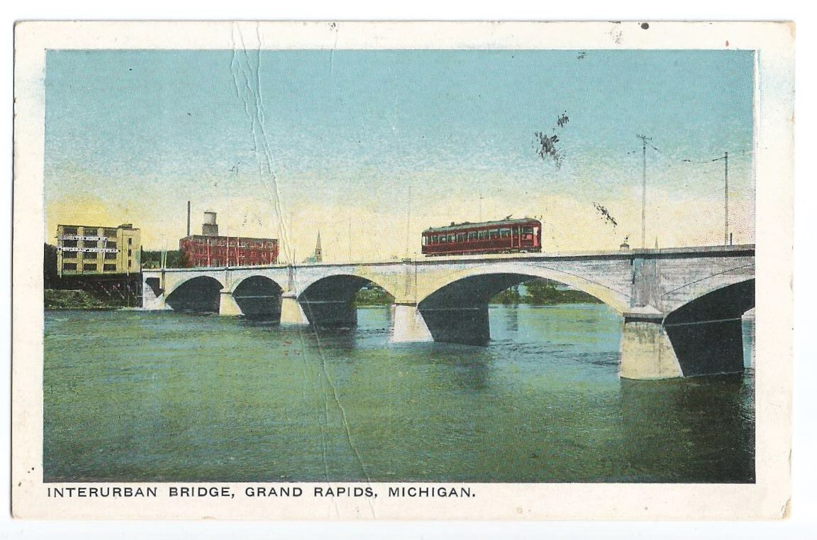 Grand Rapids Michigan MI Postcard Bridge Trolley c1915
