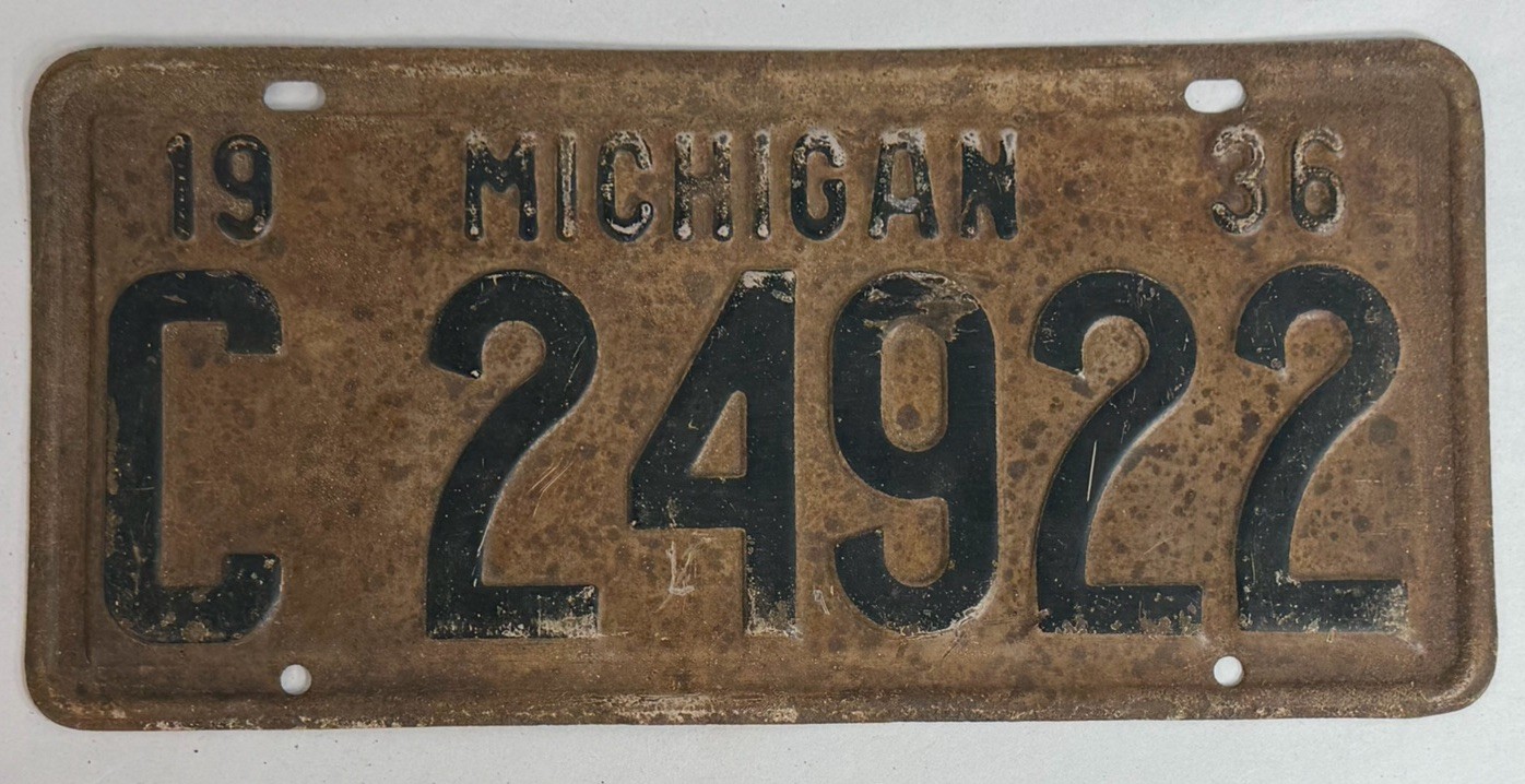 Vintage 1936 Michigan License Plate C24922 Old Original