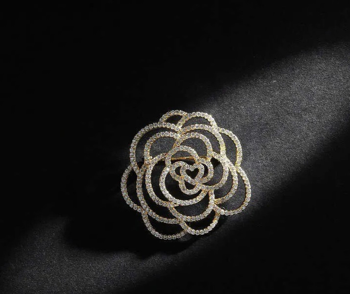 Gold Tone Camellia Brooch , clear rhinestones, zipper pull, charm