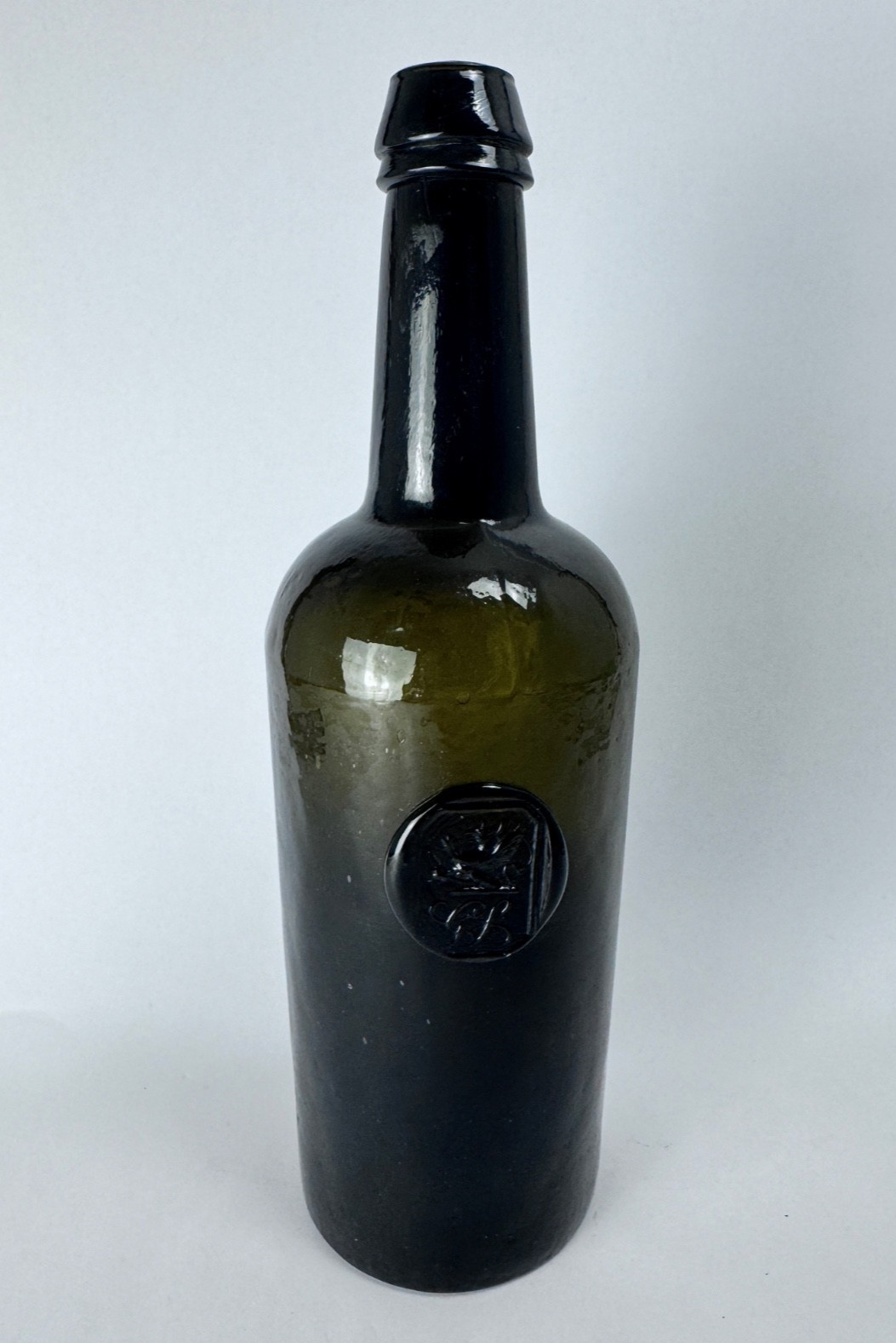 Antique 1830 Black Glass Wine Bottle Sealed Cylinder GEORGE SCOTT Crest Rickets