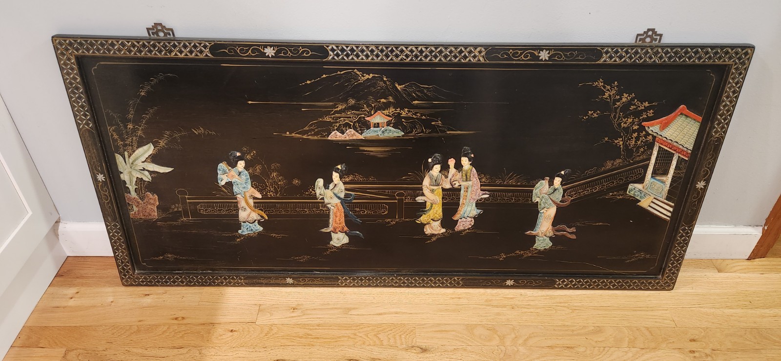 Oversized Vintage Chinese Black Lacquer Wall Panel 54x24 Mother of Pearl...
