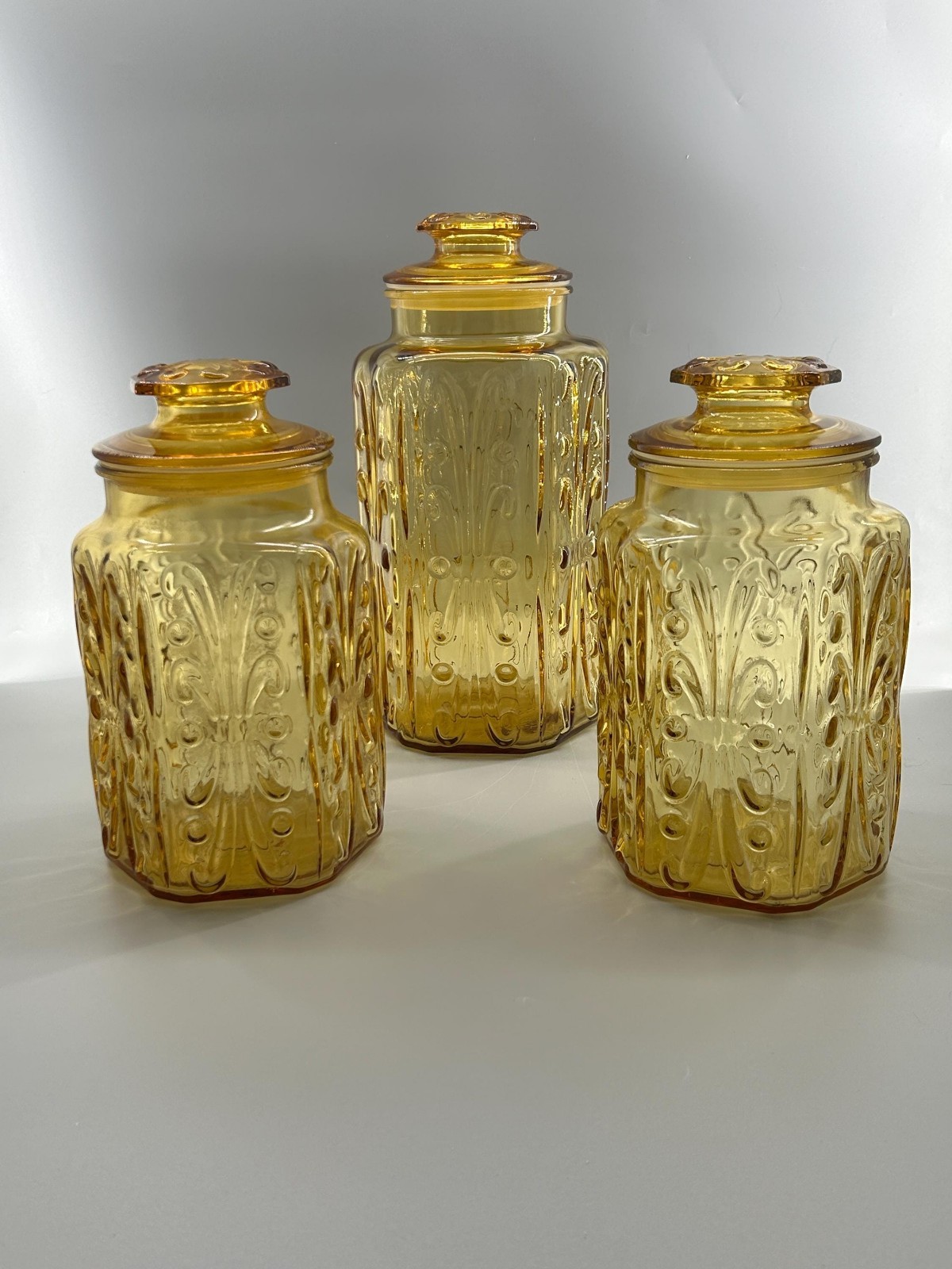 Vintage Indiana Glass Amber Canister Set of 3 with Lids MCM Pressed Glass Jars