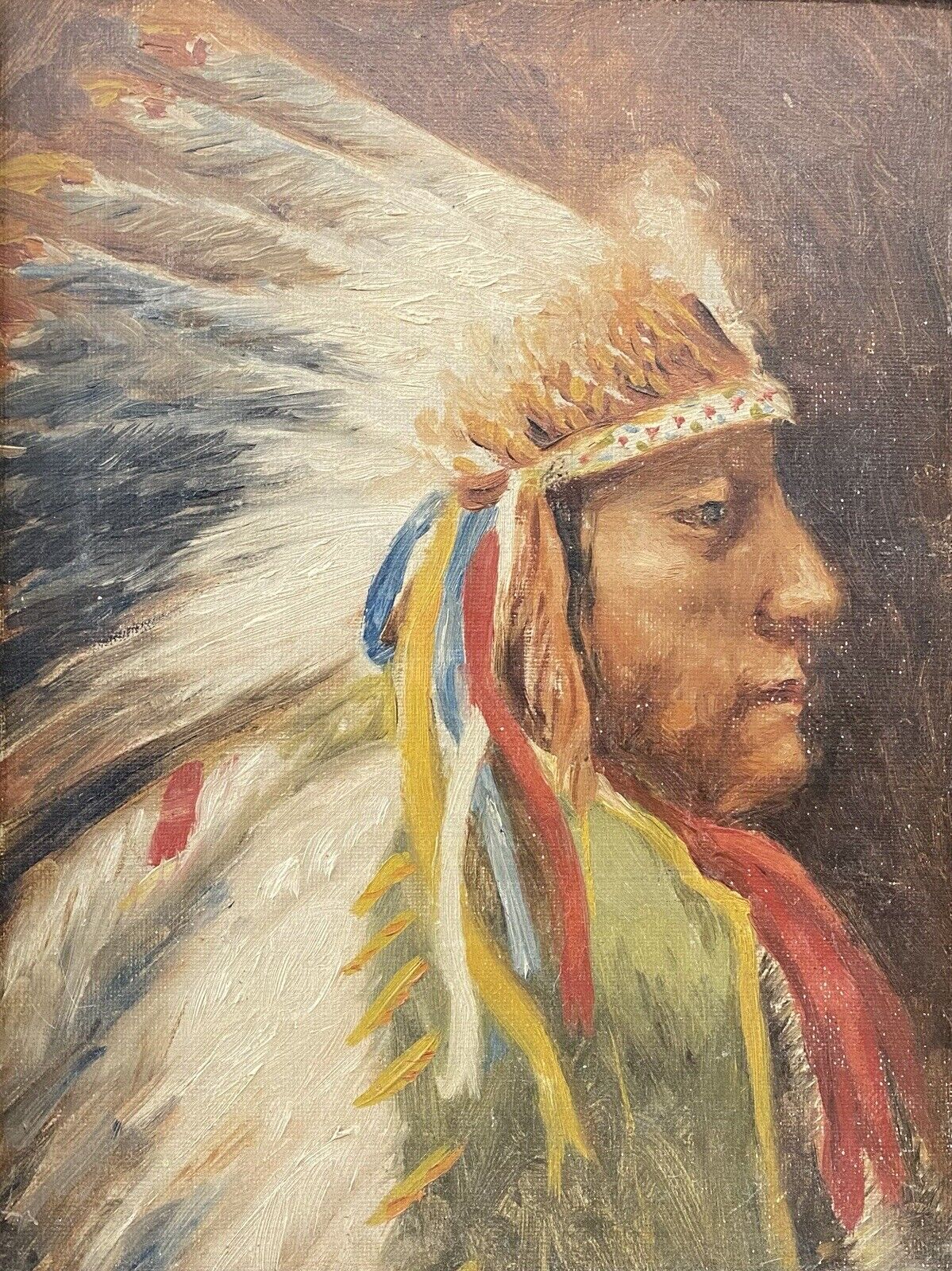 🔥 Antique Old West Native American Indian Chief Portrait Oil Painting, 1940s