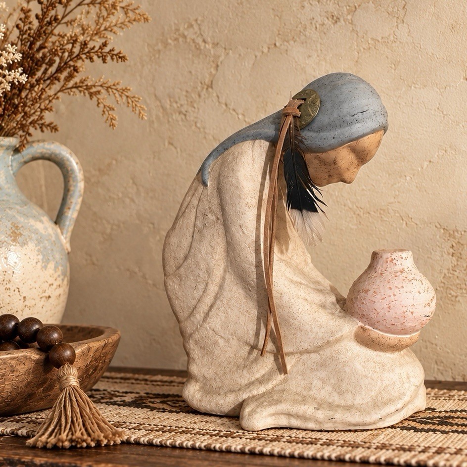 Southwestern Native American Sculpture, Woman Holding Pot, 10” Figurine