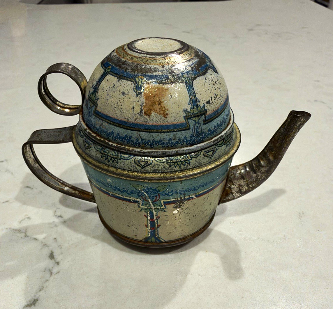 Vintage Middle Eastern Solo Travel Teapot Cup Lid Combo Tinned Metal Display