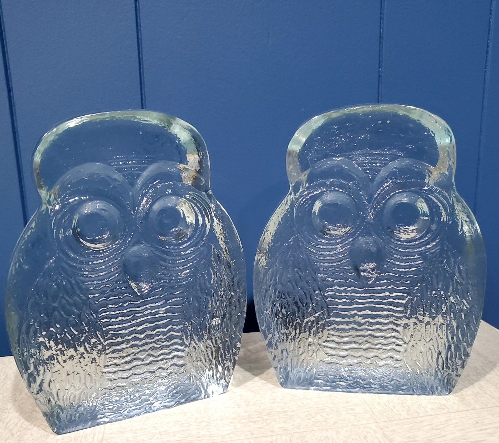 Vintage MCM 1969 Blenko Owl Bookends Clear Heavy Art Glass Joel Myers 