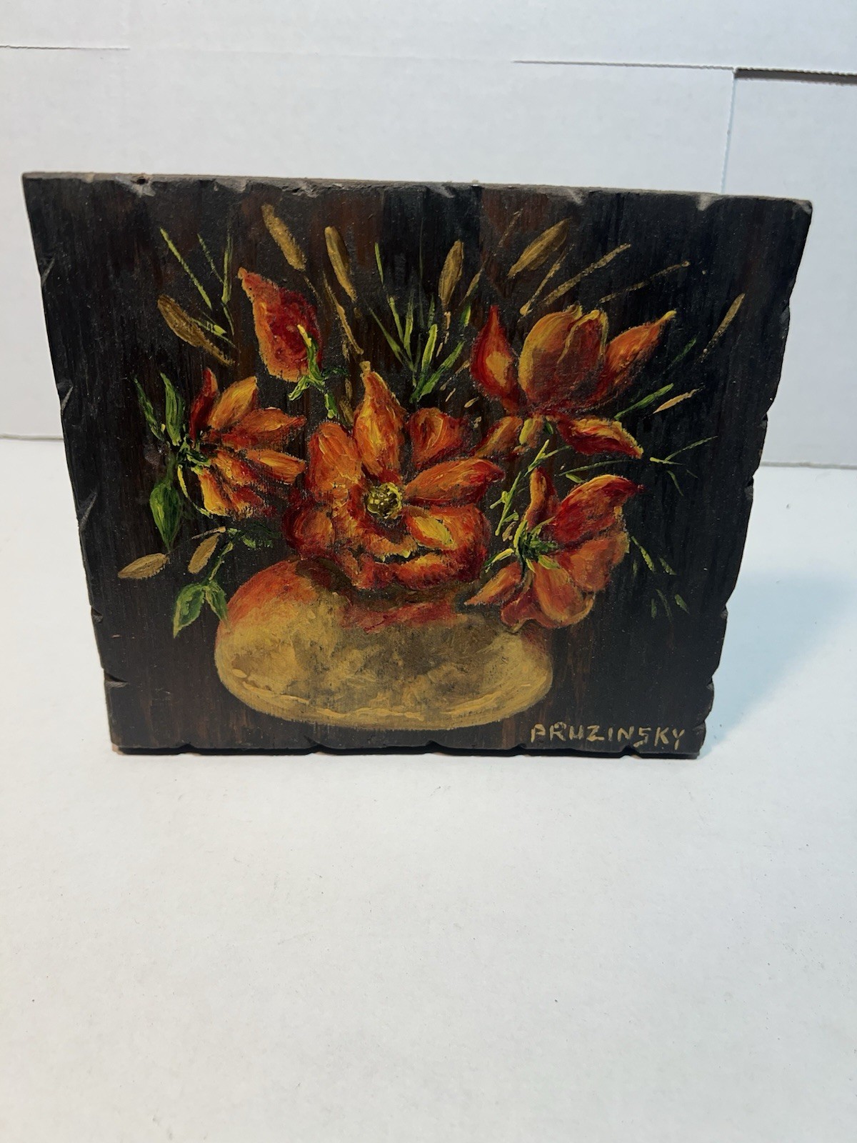 Vtge Hand-Painted Floral Art on Wood Plaque – Signed by Aruzinsky Folk Style