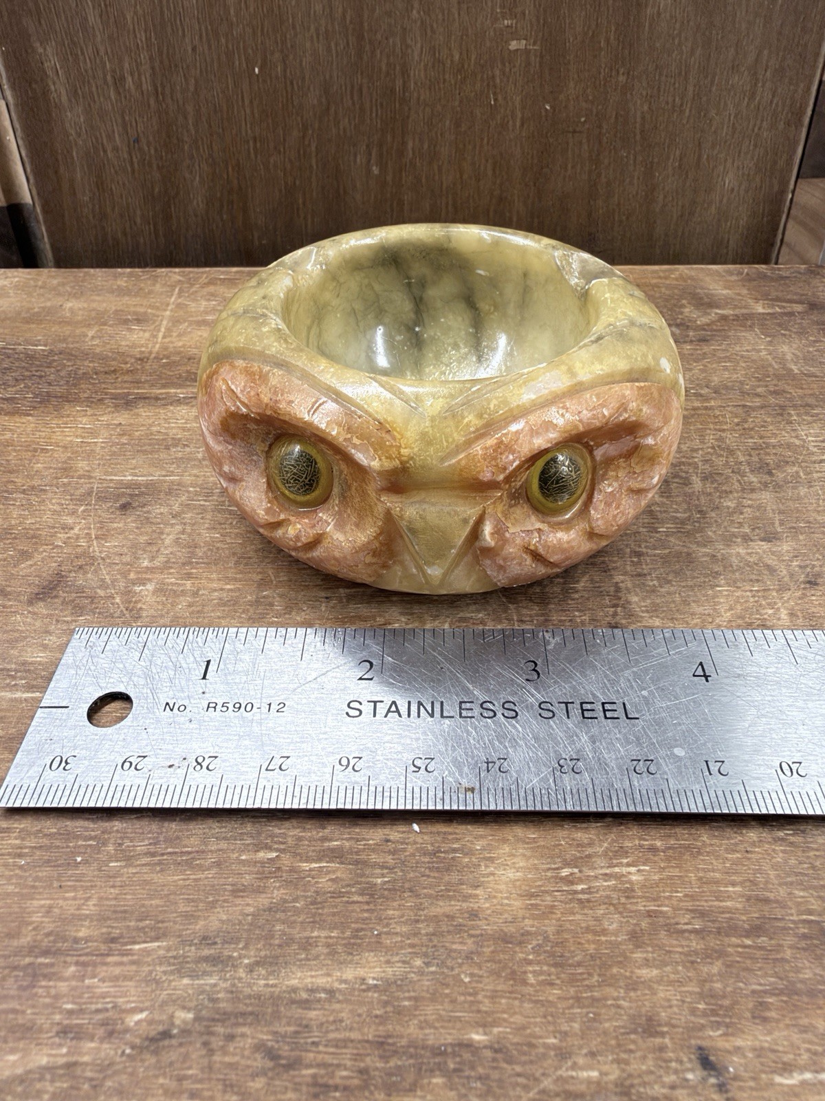 Vintage MCM Italian Alabaster Owl Ashtray Heavy Carved Stone Glass Eyes Italy 