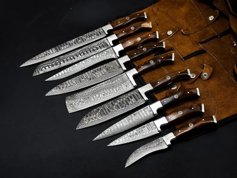 CUSTOM HANDMADE DAMASCUS STEEL FIXED BLADE 9-PCS HUNTING KITCHEN CHEF SET KNIFE