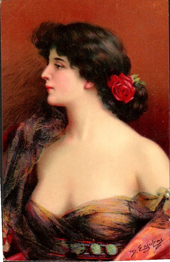 Pretty Lady with Red Rose Vintage Postcard, Artist Drawn, Risque