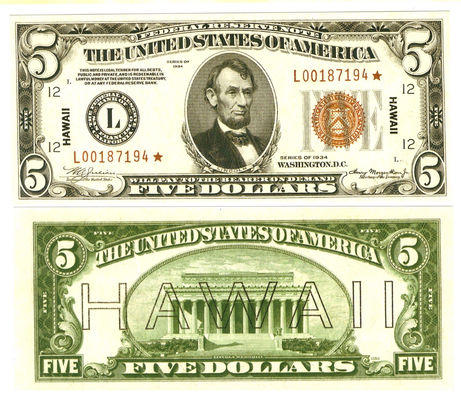 u Reproduction Note Hawaii 5 Dollars 1934 Pick #37     1839R